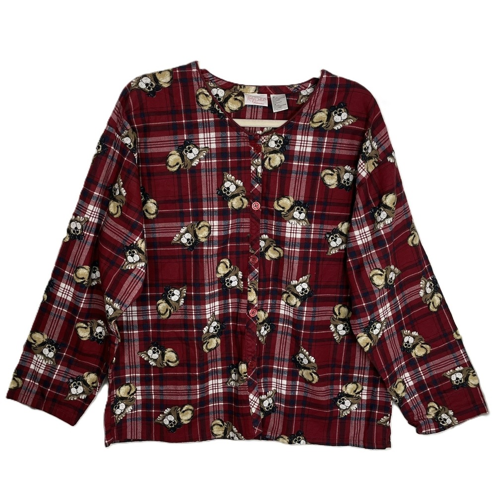 Kathy Ireland Vintage M Red Plaid Novelty Puppy Print Cotton Flannel Sleep Shirt